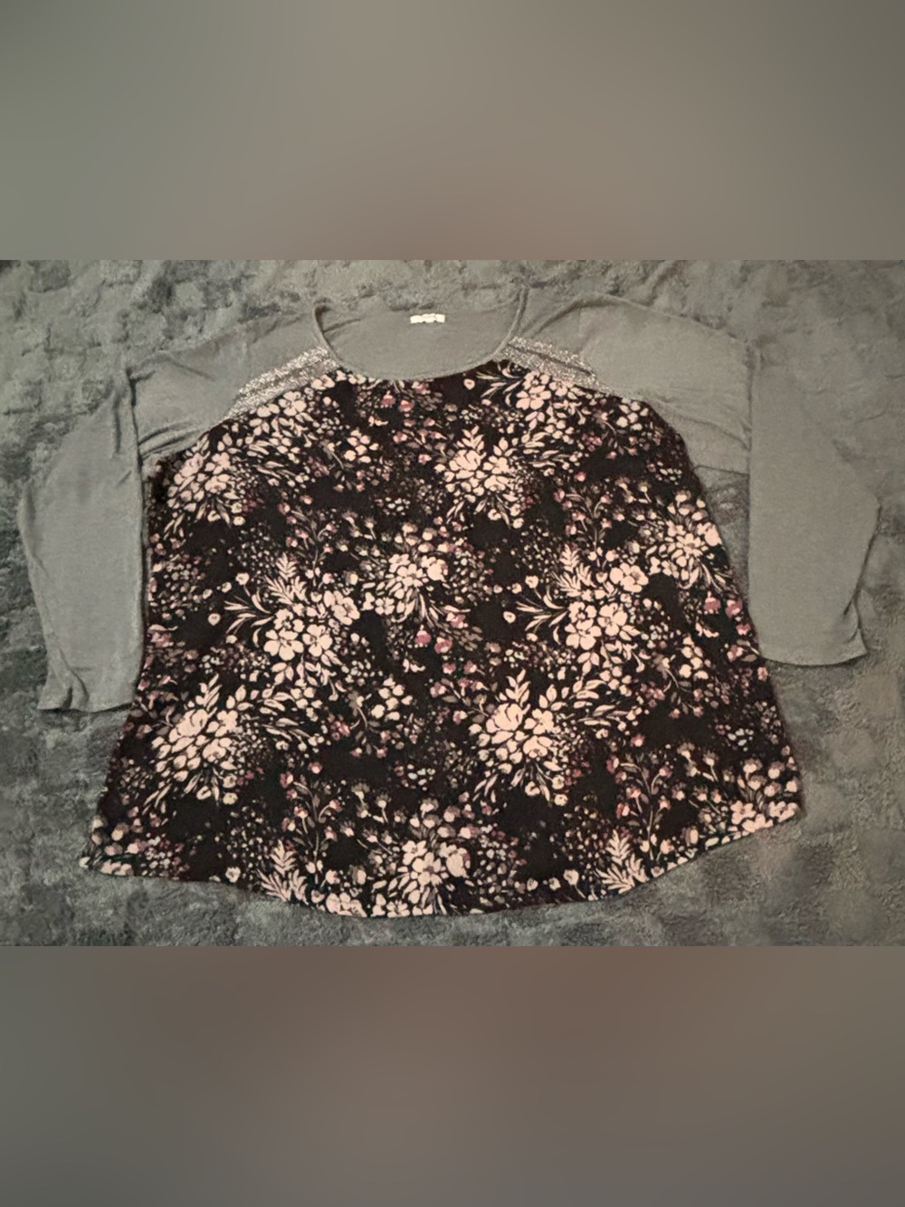 Maurices Black and Pink Floral Top with Gray Raglan Sleeves and Metallic Detail